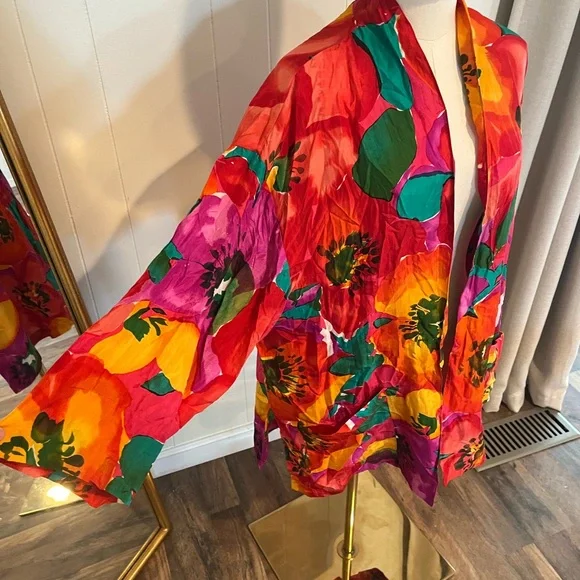 Vintage 80s Artsy Floral Multi-Colored Washable Silk Kimono Style Shirt Wrap - Picture 5 of 6
